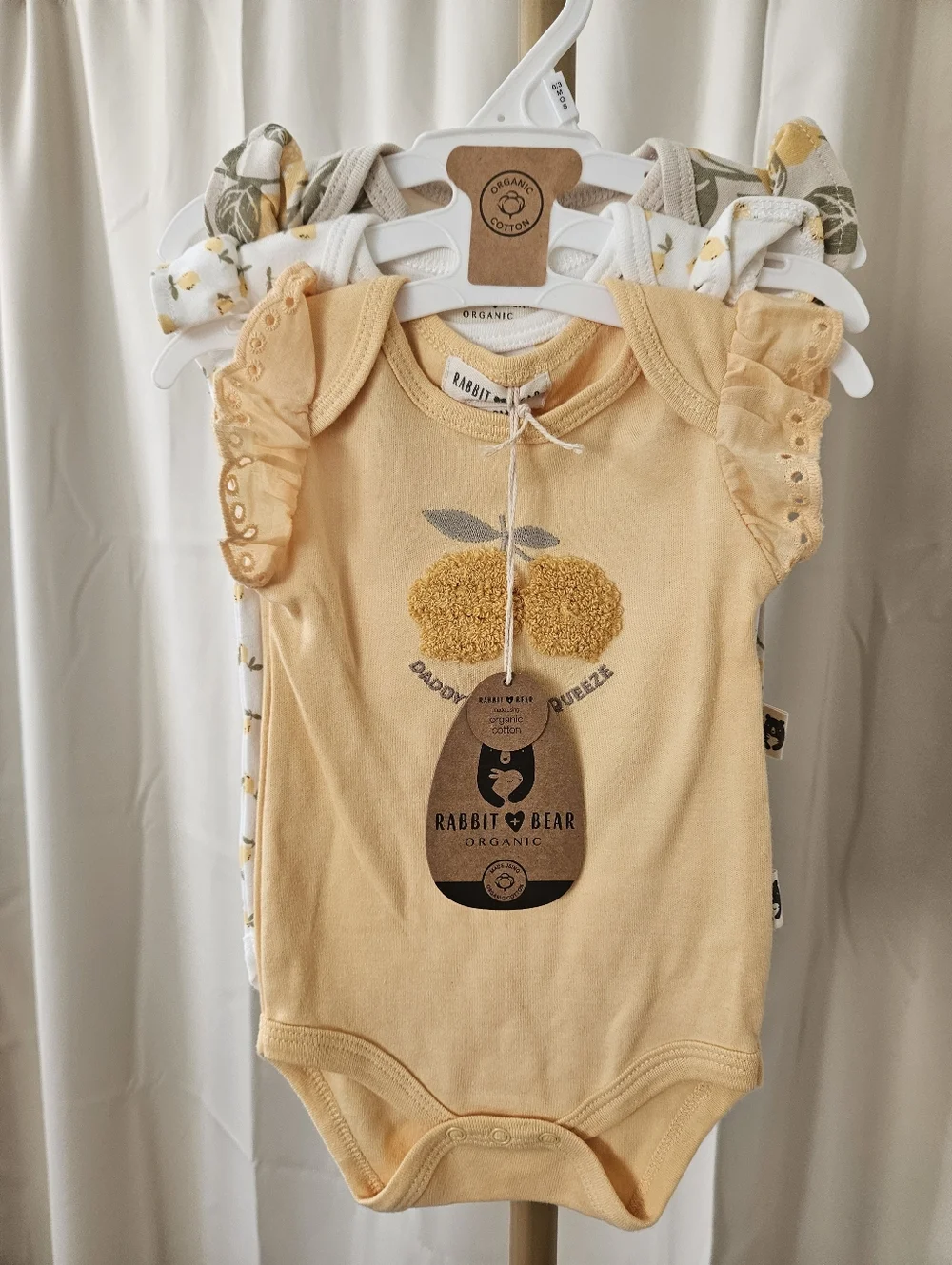 Rabbit Bear 3-Pack Lemon Print Onesies “Daddy’s Main Squeeze” 0-3M NWT